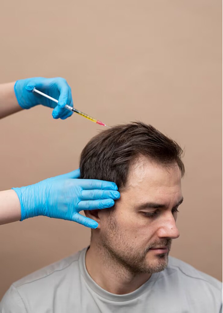 Gloved provider injecting PRP into a man&rsquo;s scalp &mdash; PRP hair regrowth at Evolved Medical